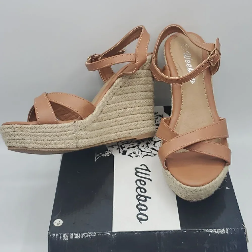 Weeboo Tan Mid High Heel Wedge Strappy Buckle Espadrille Sandals Size 7.5